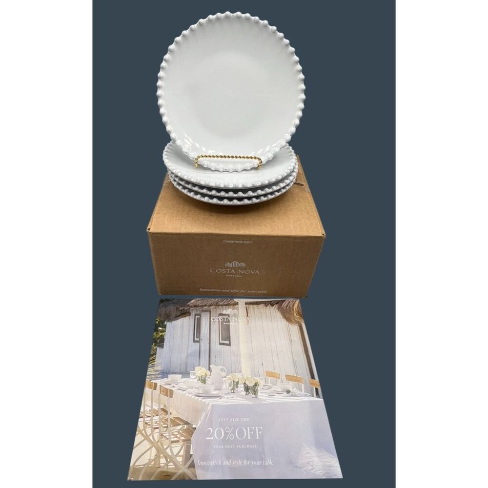 Costa Nova Set Of 4 Beaded Appetizer Plates White Portugal Stoneware 6.5-Inch - Picture 7 of 8